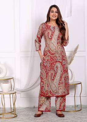 Women's cotton co-ord-set red paisley print with long kurta and pant 1