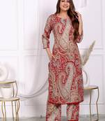 Women's cotton co-ord-set red paisley print with long kurta and pant
