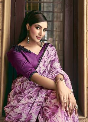 Purple sparking satin silk printed saree with unstitched blouse 3