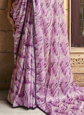 Purple sparking satin silk printed saree with unstitched blouse 4