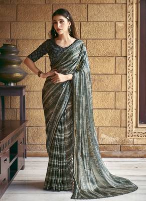 Green sparking satin silk printed saree with unstitched blouse 1