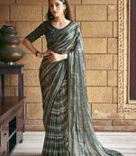Green sparking satin silk printed saree with unstitched blouse