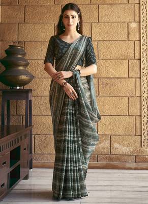 Green sparking satin silk printed saree with unstitched blouse 2
