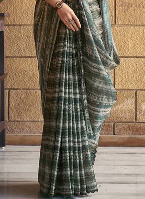 Green sparking satin silk printed saree with unstitched blouse 3