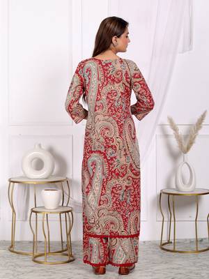 Women's cotton co-ord-set red paisley print with long kurta and pant 5