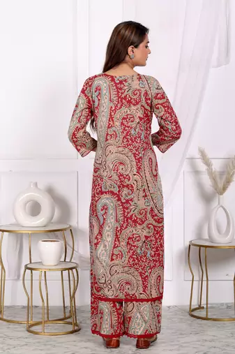 Women's cotton co-ord-set red paisley print with long kurta and pant