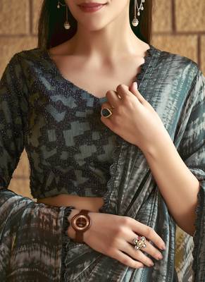 Green sparking satin silk printed saree with unstitched blouse 4
