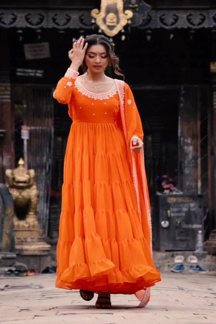 slim fit dress slacks Rust organge flared benarsi Anarkali gown