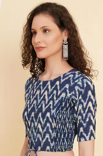 Women's Cotton Zig Zag Printed Regular Blouse Blue