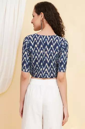 Women's Cotton Zig Zag Printed Regular Blouse Blue