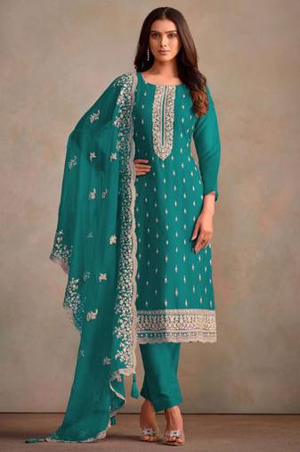 Turquoise organza resham embroidery straight suits