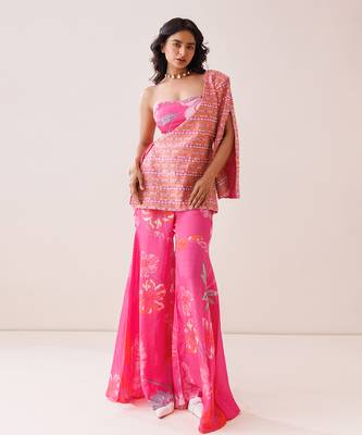 Pink crepe one-shoulder blazer set 1