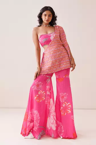 Pink crepe one-shoulder blazer set