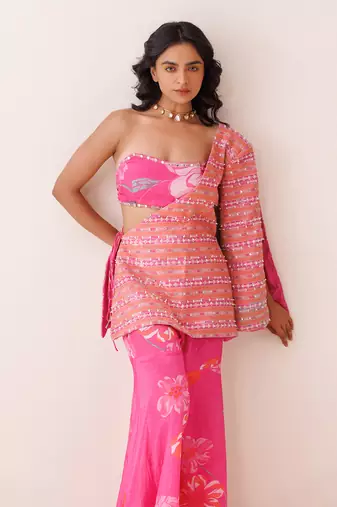 Pink crepe one-shoulder blazer set