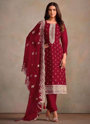 Dark red organza resham embroidery straight suits 1