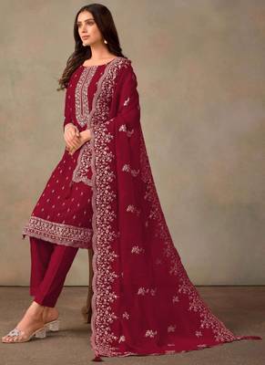 Dark red organza resham embroidery straight suits 2