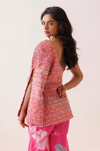 Pink crepe one-shoulder blazer set