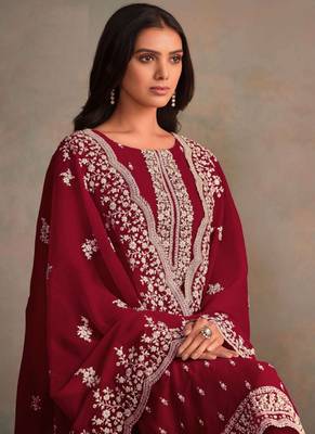 Dark red organza resham embroidery straight suits 4