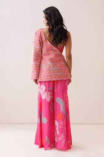 Pink crepe one-shoulder blazer set
