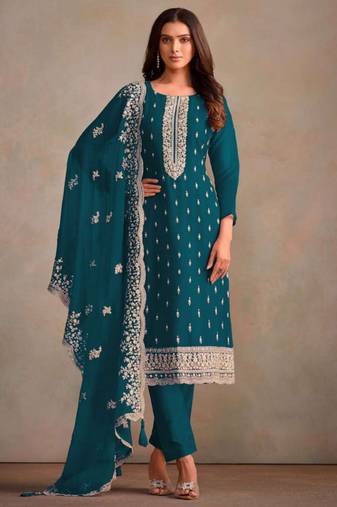 Teal organza resham embroidery straight suits