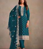 Teal organza resham embroidery straight suits