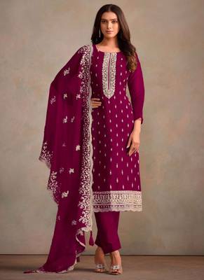 Wine organza resham embroidery straight suits 1