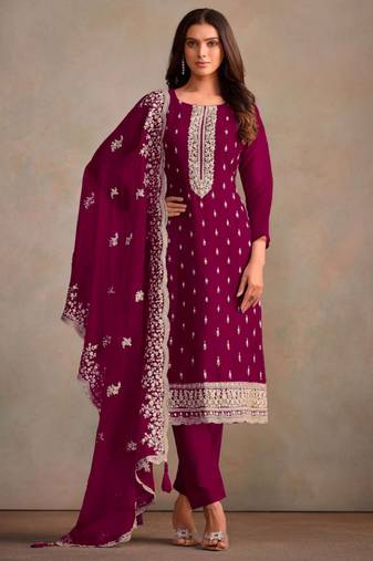 Wine organza resham embroidery straight suits