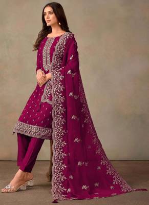Wine organza resham embroidery straight suits 2
