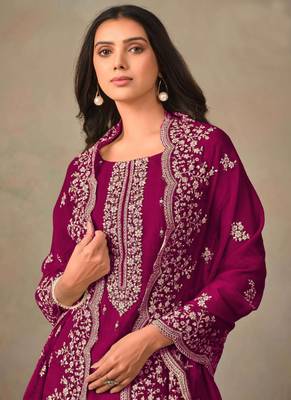 Wine organza resham embroidery straight suits 3