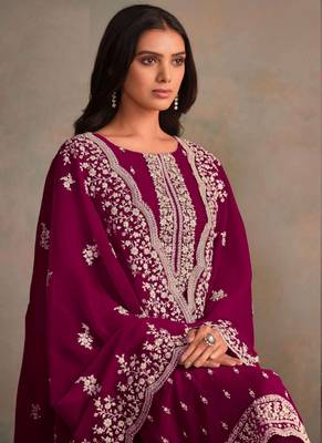 Wine organza resham embroidery straight suits 4