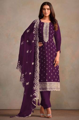 Purple organza resham embroidery straight suits