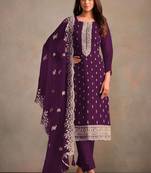Purple organza resham embroidery straight suits