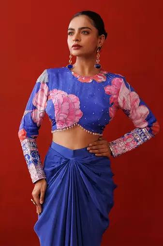 Blue crepe skirt set