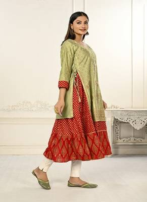 Women cotton hand foil print light embaroidery work double layered kurtis 2