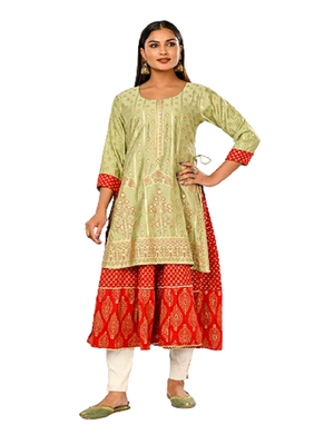 Women cotton hand foil print light embaroidery work double layered kurtis 1