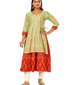 Women cotton hand foil print light embaroidery work double layered kurtis