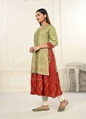 Women cotton hand foil print light embaroidery work double layered kurtis 4