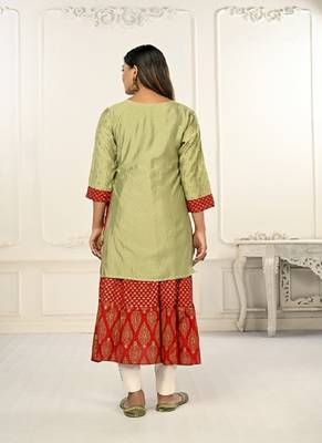 Women cotton hand foil print light embaroidery work double layered kurtis 5