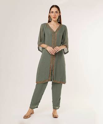 Olive green georgette  embriodered kurta set 1