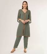 Olive green georgette  embriodered kurta set
