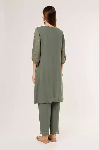 Olive green georgette  embriodered kurta set