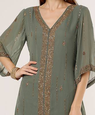 Olive green georgette  embriodered kurta set 4