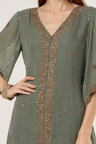 Olive green georgette  embriodered kurta set