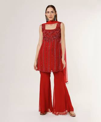 Red georgette n net dupatta embriodered gharara set 1