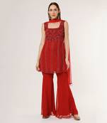 Red georgette n net dupatta embriodered gharara set