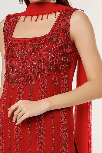 Red georgette n net dupatta embriodered gharara set