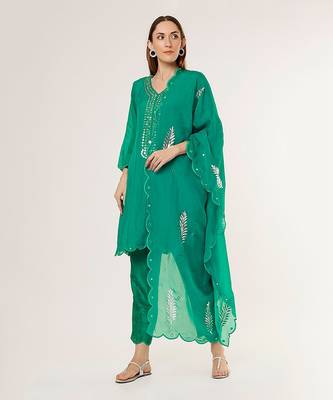 Emerald green organza n silk embriodered kurta set 1