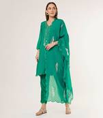 Emerald green organza n silk embriodered kurta set