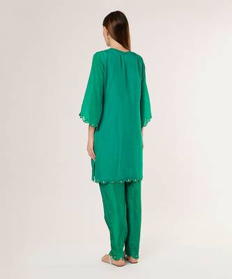 Emerald green organza n silk embriodered kurta set 2