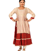 Women cotton hand foil print light embaroidery work double layered kurtis